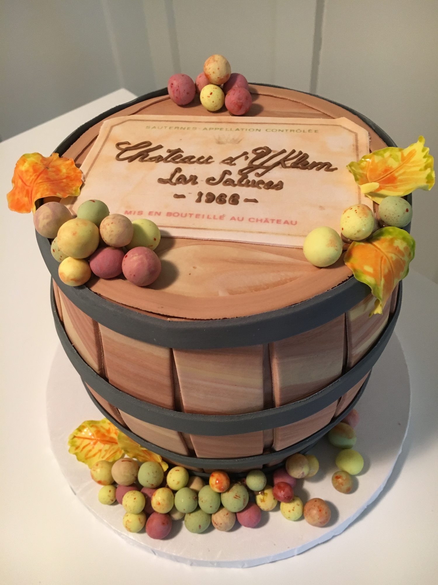 Sculpted wine barrel cake with sugar fruit
